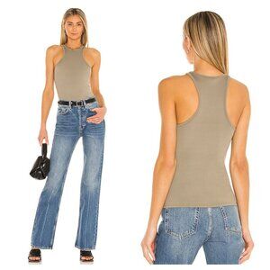 Anine Bing Morgan Rib Tank Tank Khaki Green Womens M High Neck Racerback Stretch